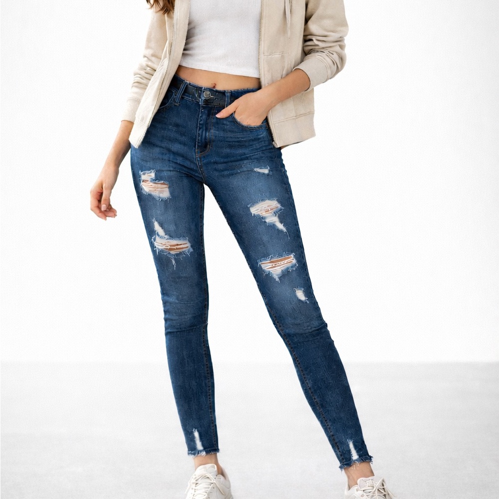Hollister Dark Blue Distressed Skinny “High Rise Crop Jean Legging” Jeans